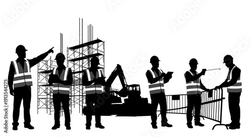 Construction workers collaborating on a building site with heavy machinery and scaffolding