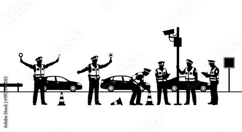 Traffic police officers directing vehicles at a busy road intersection with cones and signs