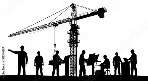Construction site with crane and workers in silhouette against a plain background viewed from the side