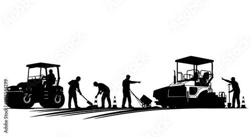 Workers operating heavy machinery on a road construction site with graders and pavers
