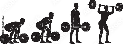 Man lifting weights in different exercise positions and phases