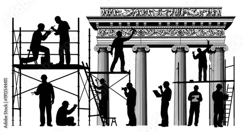 Restoration workers on scaffolding renovate a historic building with columns and ornate details