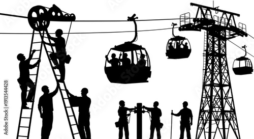 Workers maintaining cable car system on tall towers with gondolas suspended high above ground level