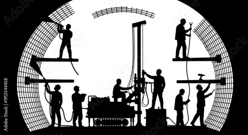 Workers constructing scaffolding around a large industrial structure from multiple levels and viewpoints