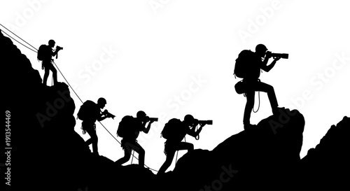 Group of climbers ascending a rugged mountain slope with ropes and backpacks in silhouette