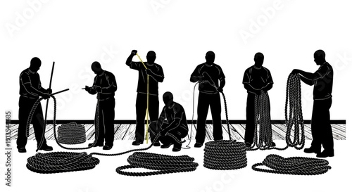 Workers handling ropes on docked ship with various equipment and ropes on deck