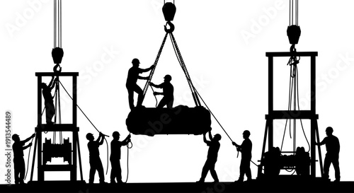 Workers maneuvering heavy machinery with cranes and pulleys in an industrial setting