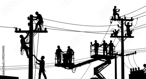 Utility workers repairing electrical infrastructure on power poles and transmission lines from aerial lifts and ladders