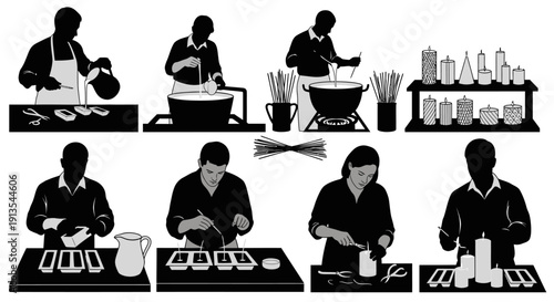 People preparing food in a commercial kitchen from multiple viewpoints