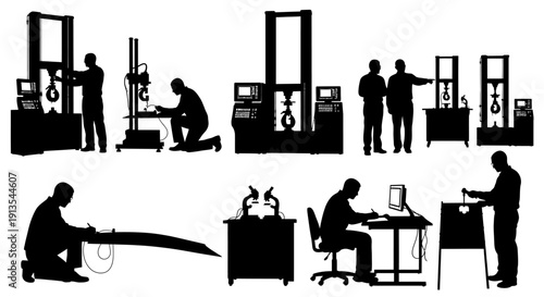 Silhouetted people working with technology and machinery in office and workshop settings from various viewpoints