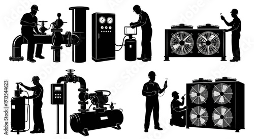 Industrial machinery and workers in various settings, showcasing equipment operation and maintenance from multiple viewpoints