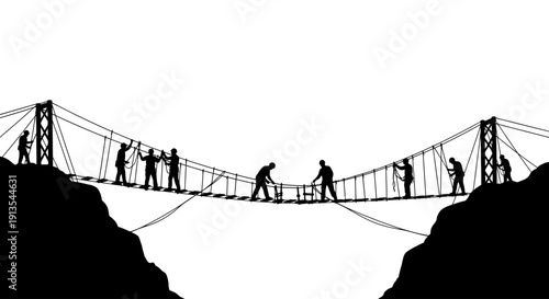 Silhouetted people crossing a suspension bridge between cliffs, illustrating teamwork and cooperation in a challenging environment