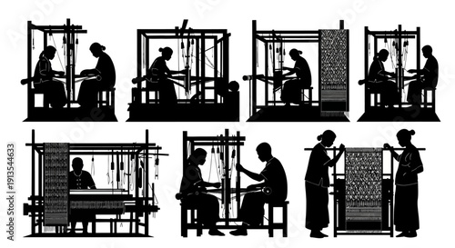 Silhouettes of people working on looms in a traditional textile workshop viewed from multiple angles