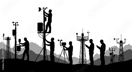 Technicians installing and testing communication towers and equipment in a mountainous landscape