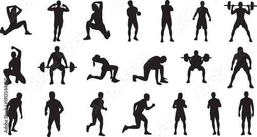 Silhouettes of people exercising with dumbbells and weights freely