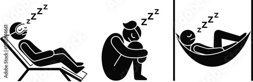 Minimalist black vector silhouettes of people sleeping and napping in a hammock, deck chair, and curled up on white background