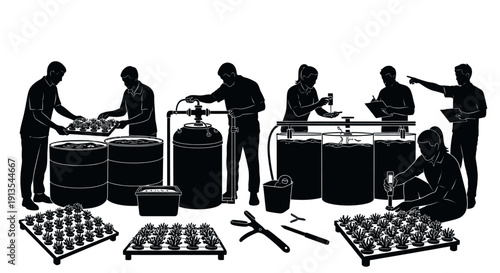 Industrial workers engaged in various tasks around large equipment and machinery in a factory setting viewed from the side