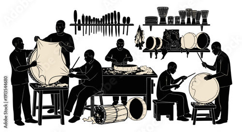 Drummers actively performing on various drum sets and equipment in an ensemble setup