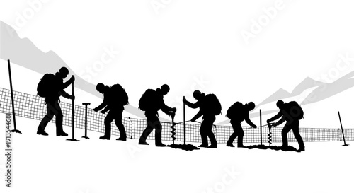 Group of hikers navigating through a fenced mountainous terrain with backpacks in a vector illustration