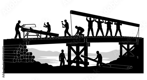 Workers constructing a wooden bridge over a serene lake, viewed from the side