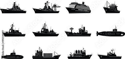 Military and Civilian Ship Silhouette Vector Set, Battleship, Submarine, Cruise Liner, Cargo Vessel, Naval Warship Icons, Maritime Transport Symbols, Isolated