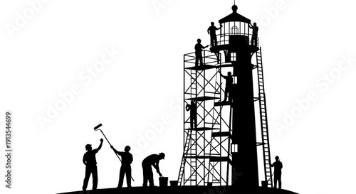 Workers constructing a lighthouse under renovation, standing on scaffolding, viewed from the side in black silhouette