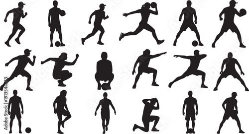 Silhouettes of athletes playing various sports in action poses
