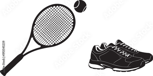 Flat black badminton racket and shuttlecock black silhouettes, vector illustration isolated on white background. Essential badminton sport game equipment.