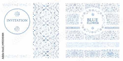 Blue floral invitation design with decorative elements and patterned borders