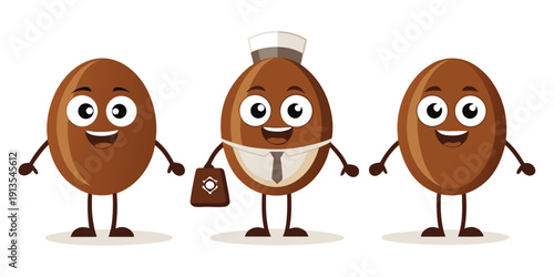 Three happy coffee beans characters in different poses and outfits