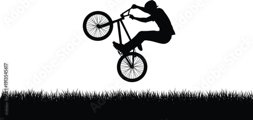 BMX rider performing a manual wheelie stunt over grass silhouette, extreme sports bicycle action vector illustration, isolated black and white minimalist athlete graphic