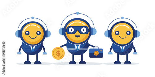 Cartoon coins in business suits with headphones and camera