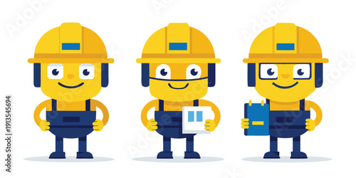 Friendly construction workers in hard hats and overalls