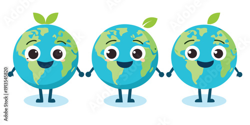 Three happy earth characters holding hands with leaves on their heads