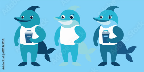 Three cartoon dolphins holding coffee cups in various poses
