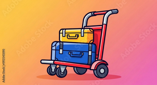 Red luggage cart with two suitcases on a colorful gradient background travel transportation and tourism concept