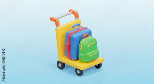 Colorful luggage cart with suitcases and backpack on wheels travel concept with vibrant colors and modern design
