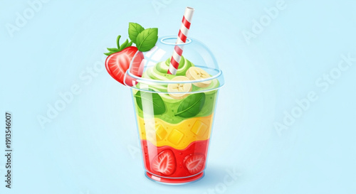 Colorful layered strawberry smoothie with fresh fruit and mint leaves in a clear plastic cup on a light blue background