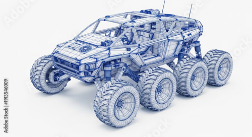 Futuristic six-wheeled rover vehicle with intricate details.