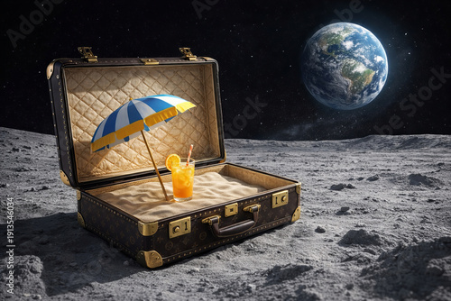 Lunar suitcase vintage luxury open sand beach cocktail umbrella Earth form dreamy scene on moon, playful travel fantasy where fine leather meets cosmic silence under starry space