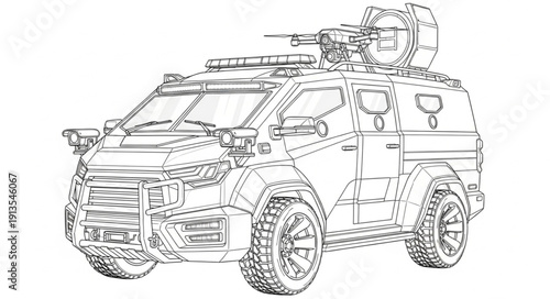Armored Military Vehicle Sketch with Mounted Weaponry.