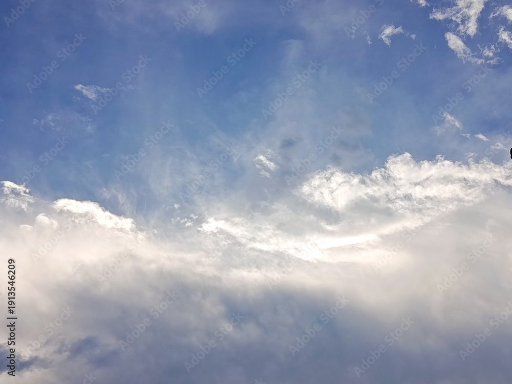 Fototapeta premium Blue Sky with White Clouds Background, Natural Cloudscape and Sunlight, Clear Weather Atmosphere Nature Landscape Concept