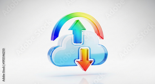 Cloud storage icon with rainbow arrows for data transfer and syncing