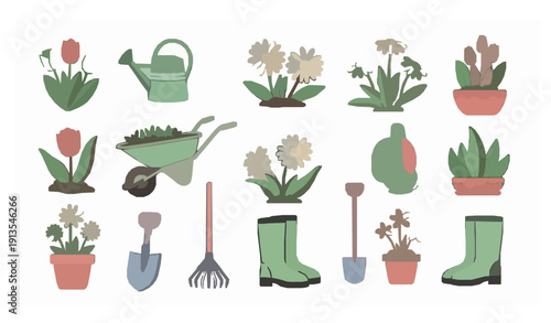 Cartoon spring garden vector collection with flowers plants and garden tools isolated on white background