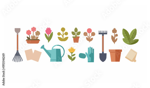 Spring garden flat vector set with flowers plants and gardening equipment isolated on white background