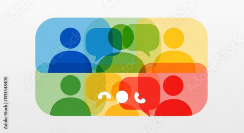 Multicolored illustration of diverse people communicating in speech bubbles symbolizing teamwork and social interaction online