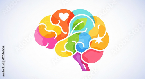 Wallpaper Mural Vibrant brain illustration with colorful sections and symbols on white background for mental health concepts Torontodigital.ca
