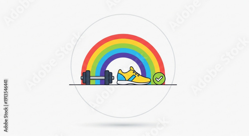 Vibrant rainbow symbolizing fitness success with dumbbell sneakers and checkmark representing motivation and wellness