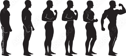 Silhouettes of a muscular man in various poses sequence