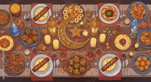Top-down view of a festive table setting with various dishes, a crescent moon, and star, surrounded by traditional foods and utensils, image (87).ai referenced